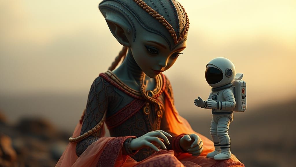 Alien Girl Plays with Astronaut Dolls in Cinematic, Atmosphe...