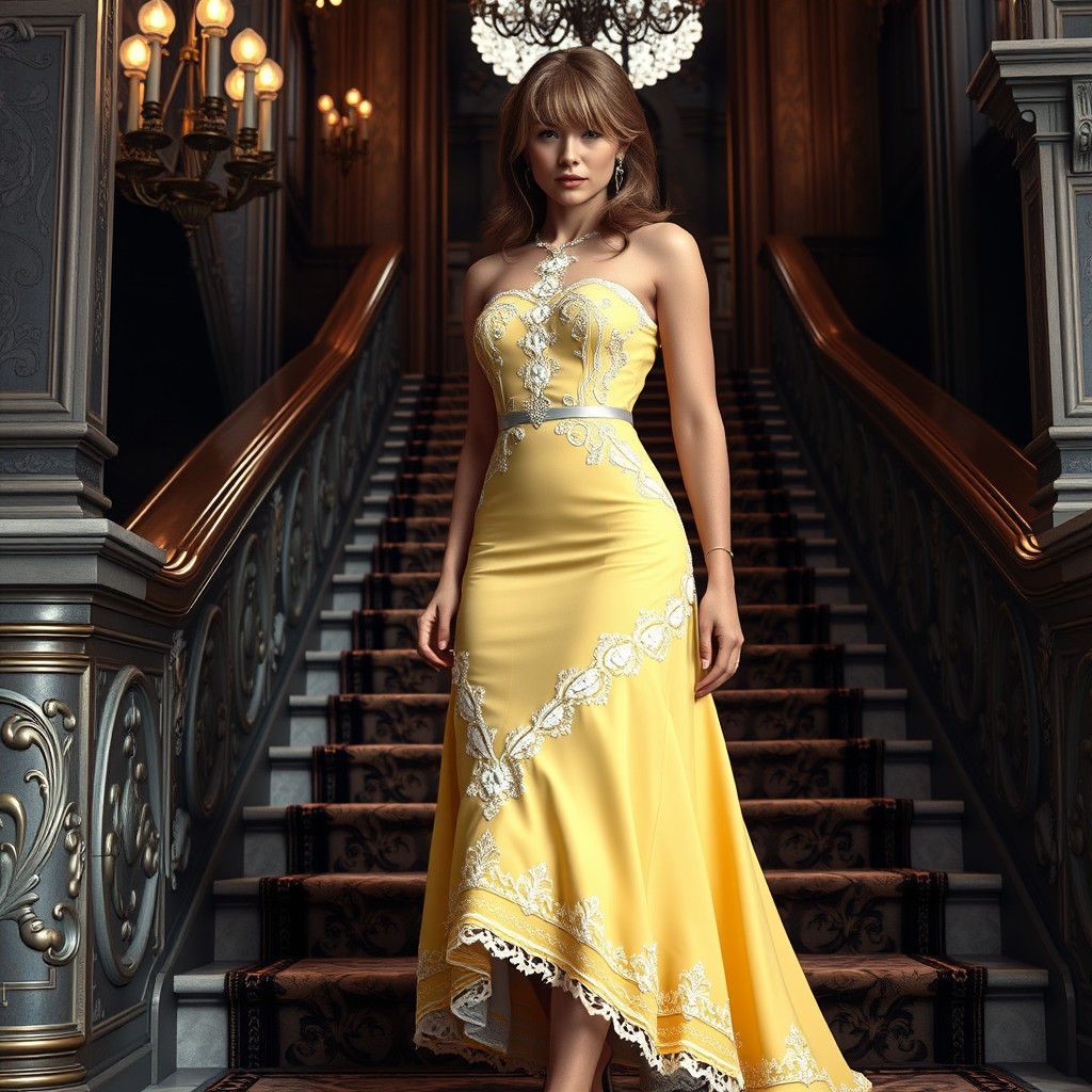 Woman in Yellow Gown on Grand Staircase