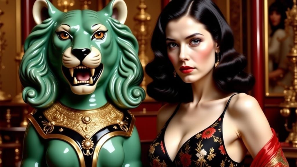 Beautiful Woman in Cheongsam Beside Jade Tiger Statue