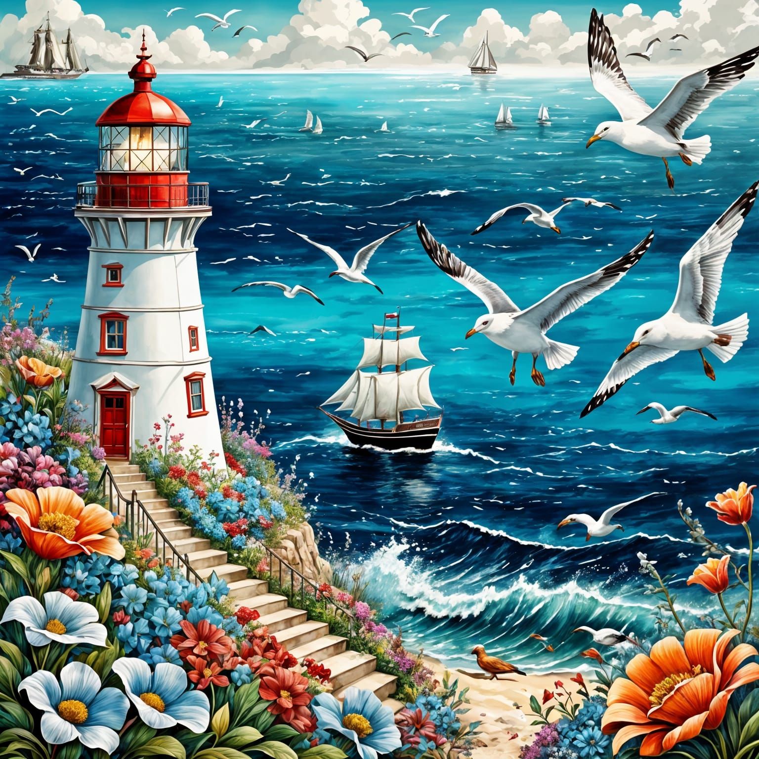 Picturesque Lighthouse Scene with Sailing Ship