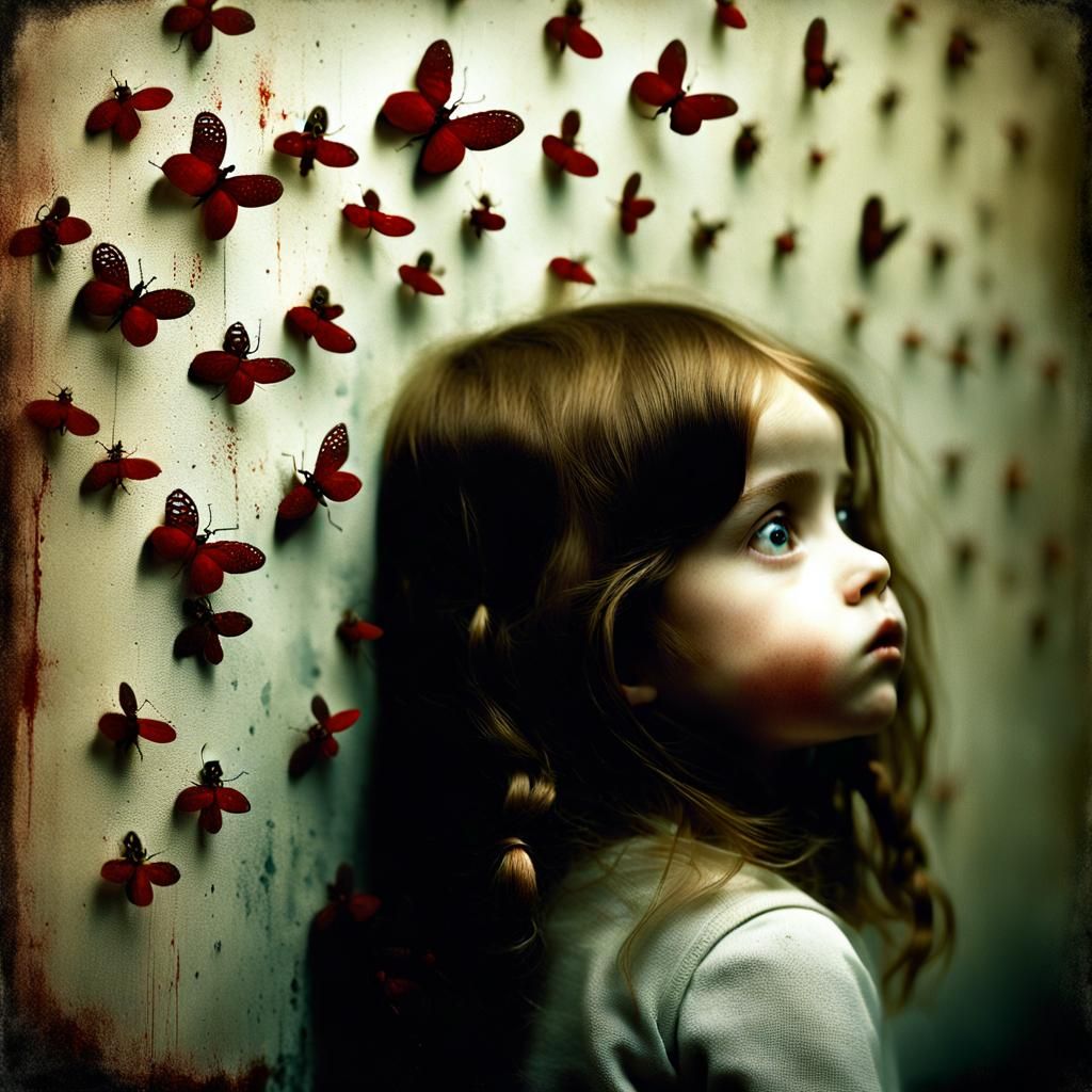 Eerie Photo of Girl Watching Red Insects