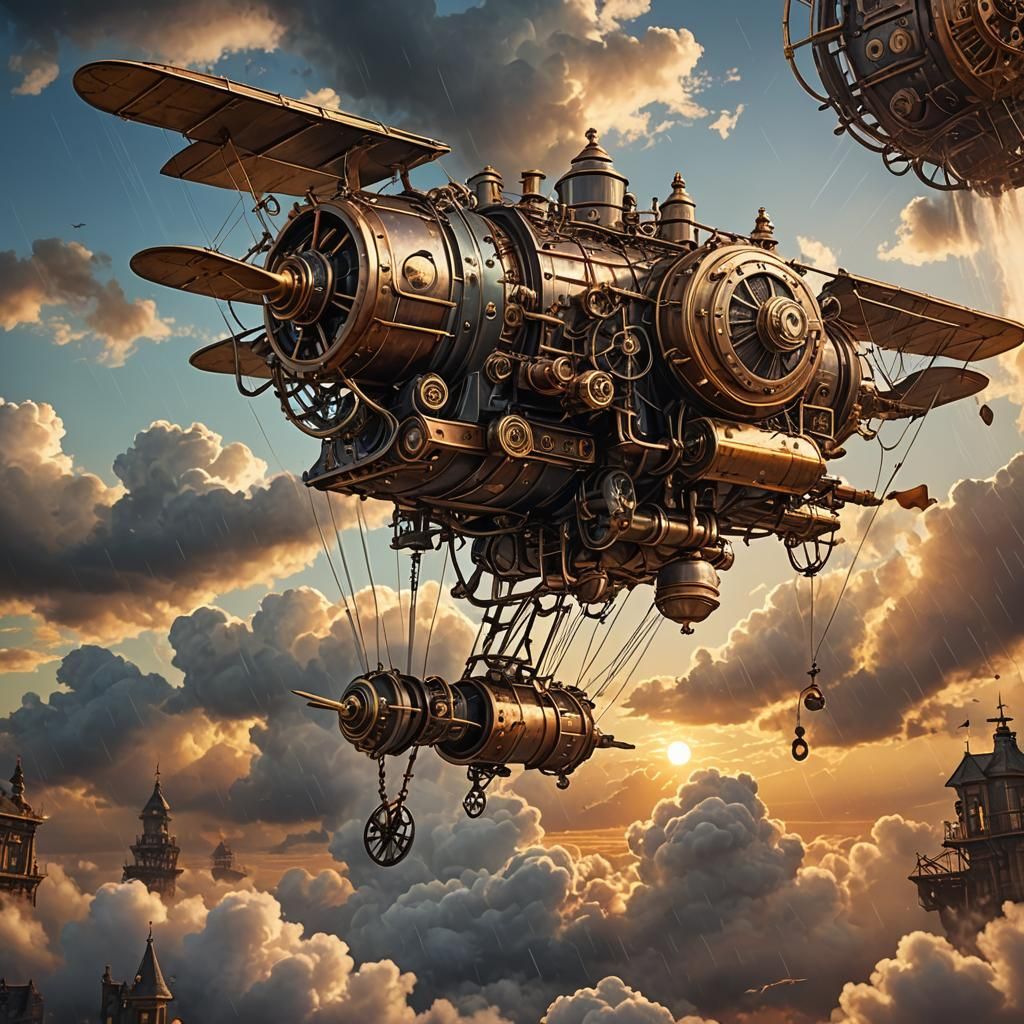 Steampunk Flying Machine at Sunset