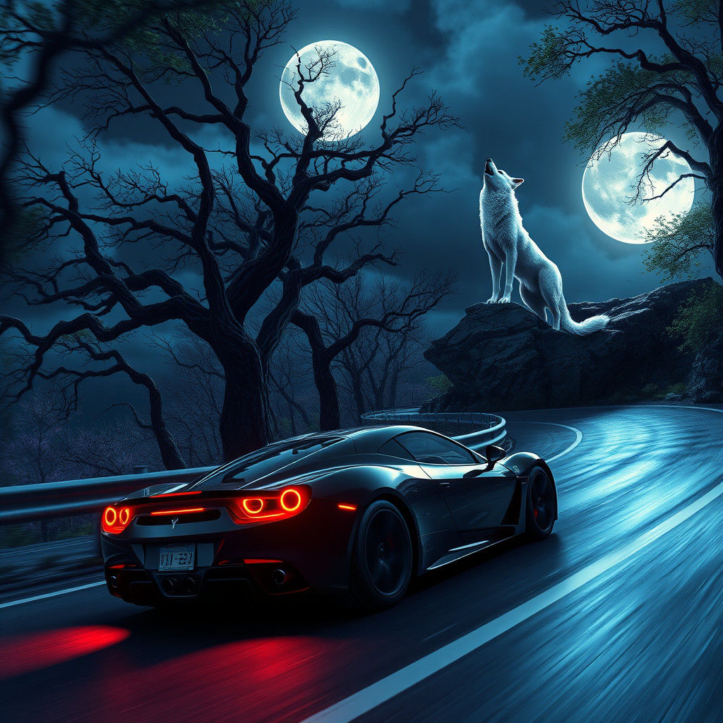 Black Car Races Under Moonlight, Fantasy Concept Art