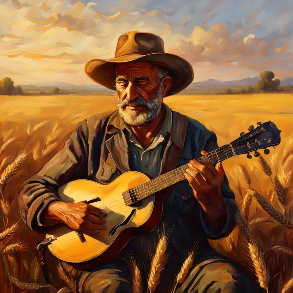 Sicilian Farmer's Golden Hour Serenade: Oil Painting