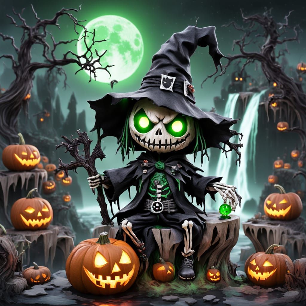 Skeletal Chibi Scarecrow with Glowing Orb