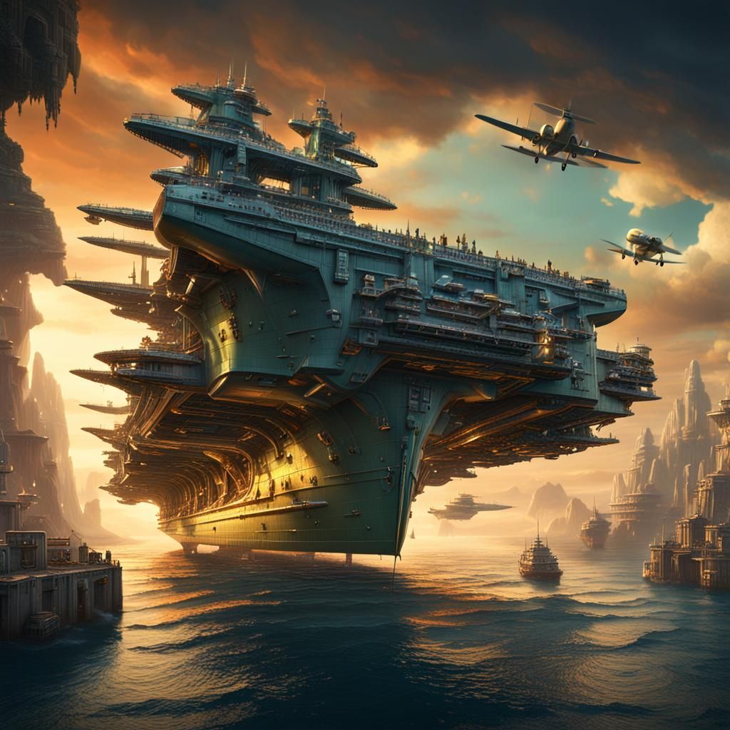 Elven Flying Aircraft Carrier in Art Deco Style