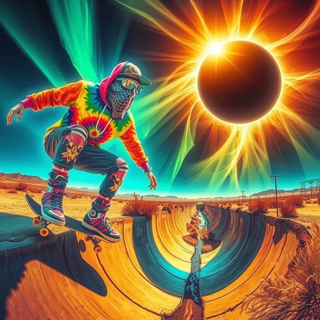 Surreal Solar Eclipse Over Skater in Desert Ditch