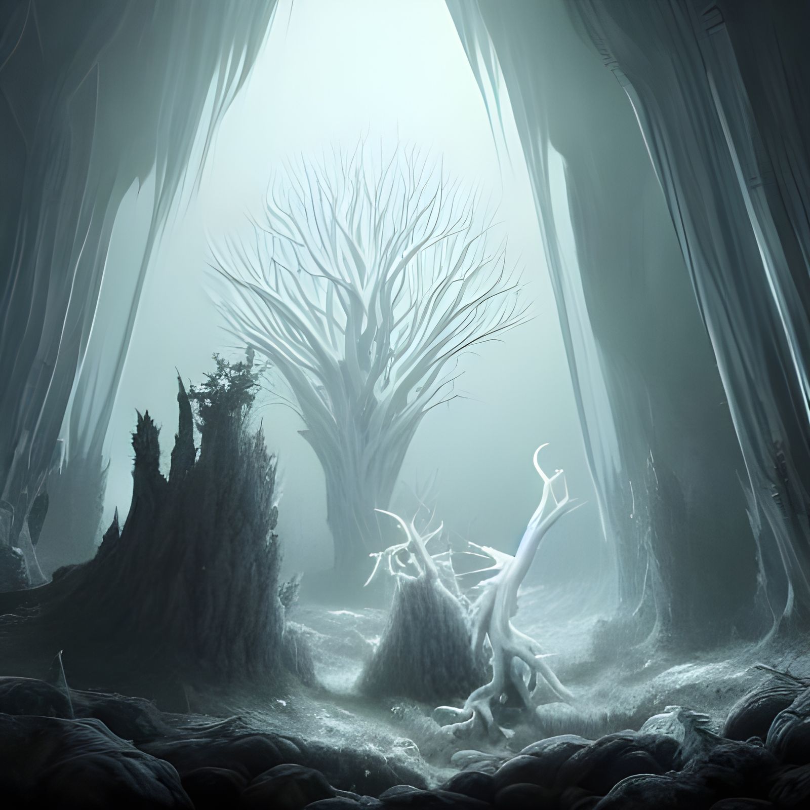 White Tree Monster in Dark Cave: Fantasy Art