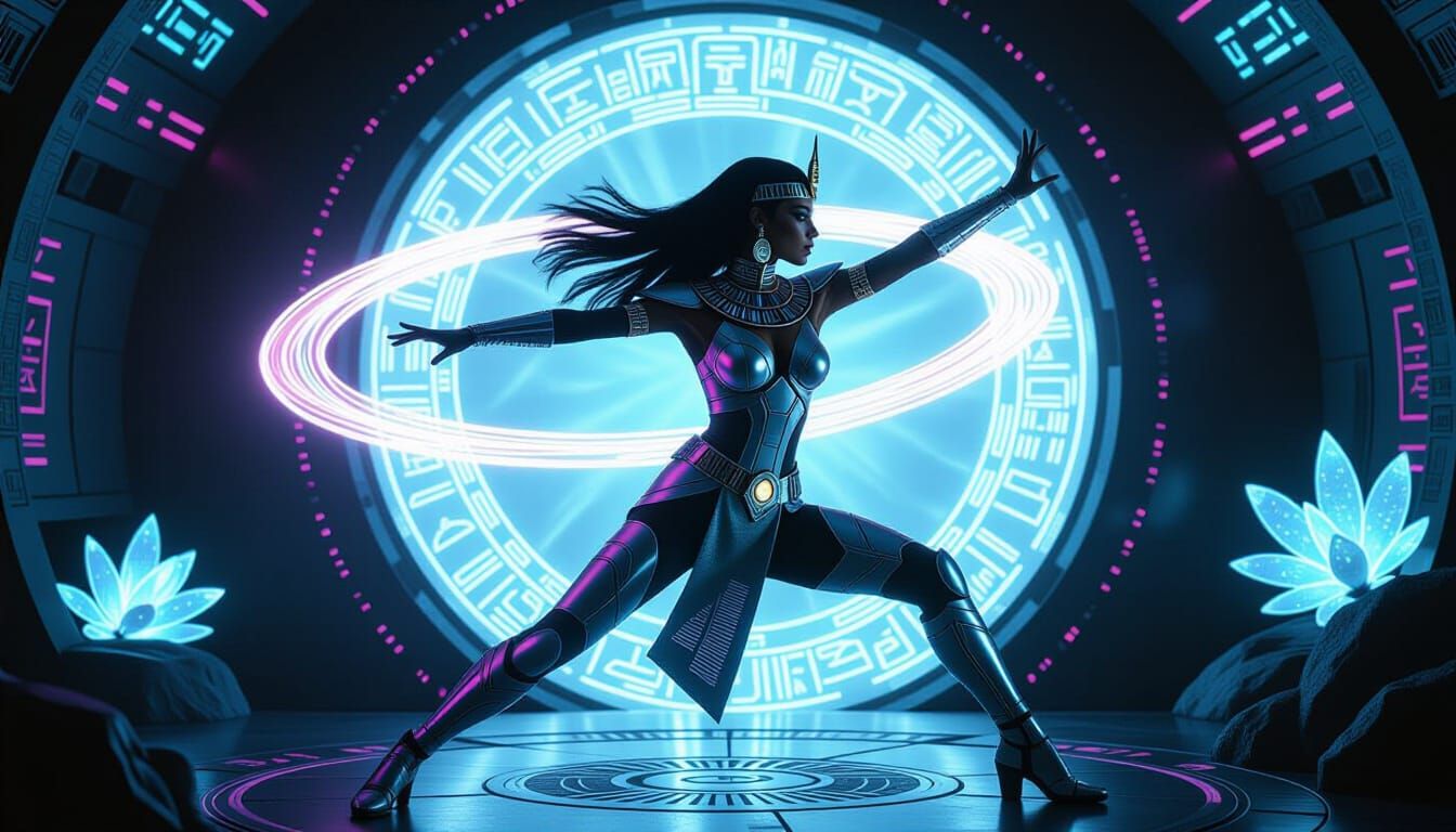 Paleofuturistic Egyptian Aviatrix in Dynamic Throw