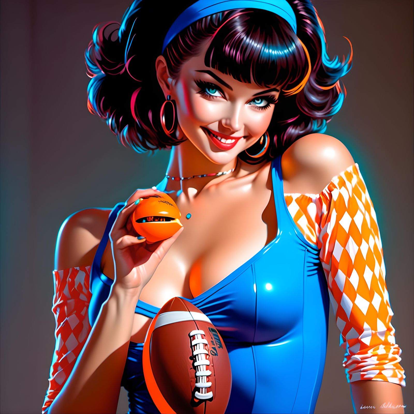 1980s Woman with Football in Chicago Bears Outfit