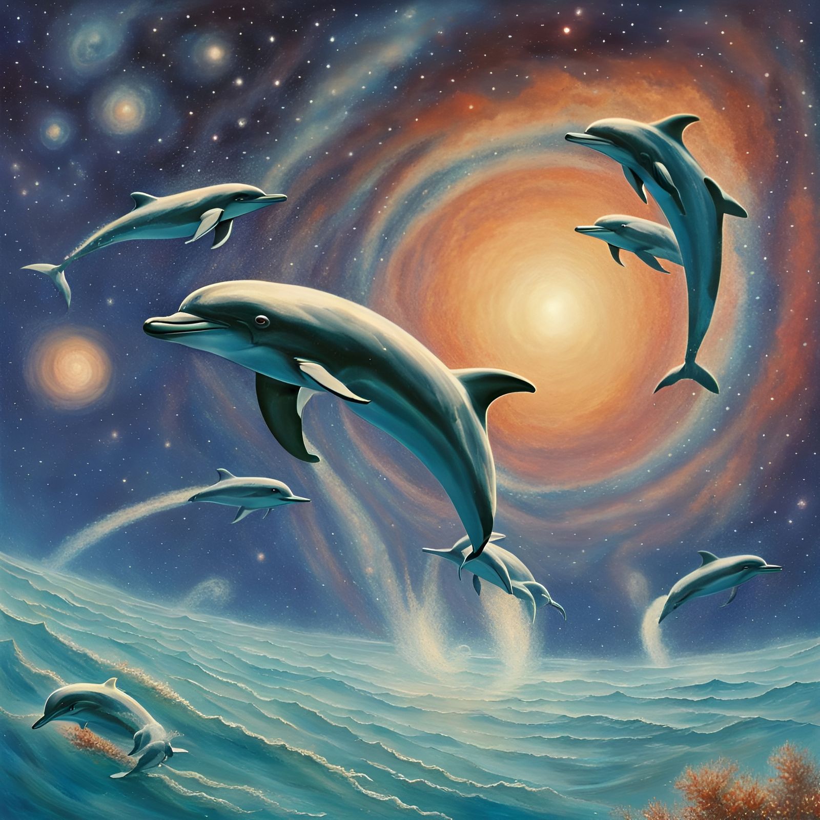 Dolphins Journey Through Milky Way: 1950s Sci-Fi Art