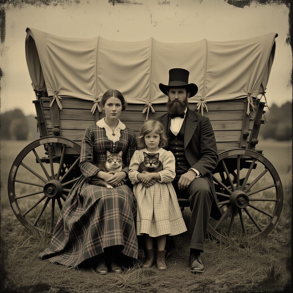 Glitchy Daguerreotype Portrait of Family with Covered Wagon