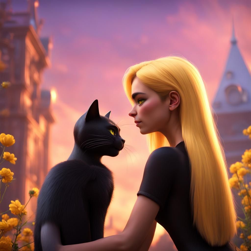 Charming Cat and Girl Face-Off: 3D Digital Art