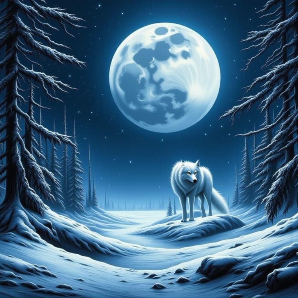 White Winter Wolf Watching the Moon