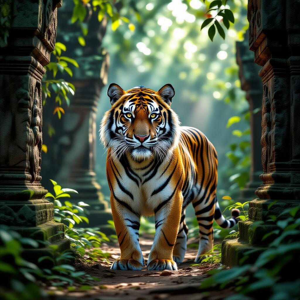 Bengal Tiger in Jungle Temple, Hyperrealistic Style