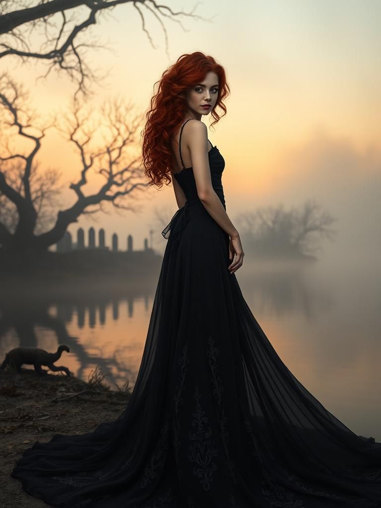 Ethereal Woman by Misty Lake at Dusk