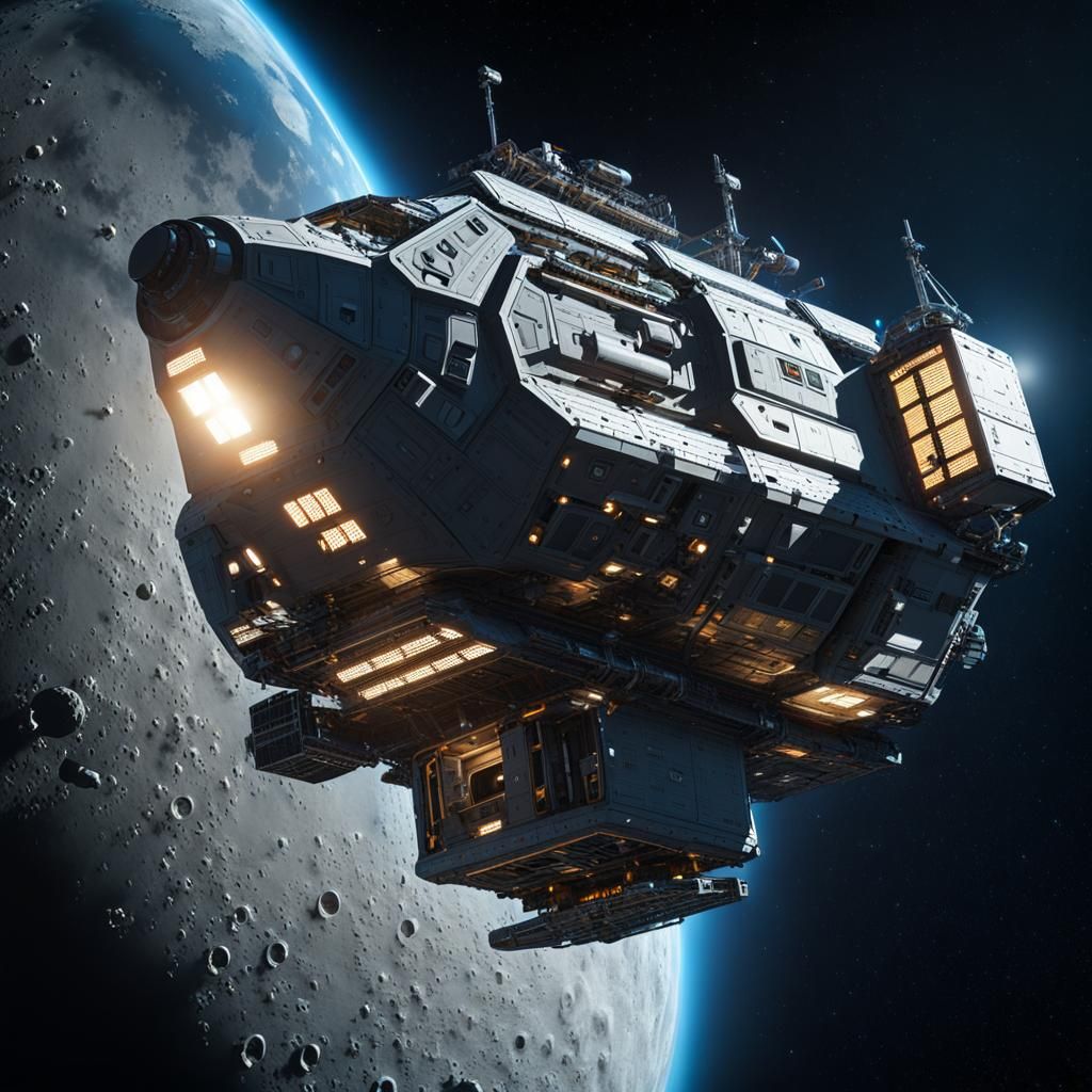 Spaceship in Moon Orbit: Hyperrealistic Detail