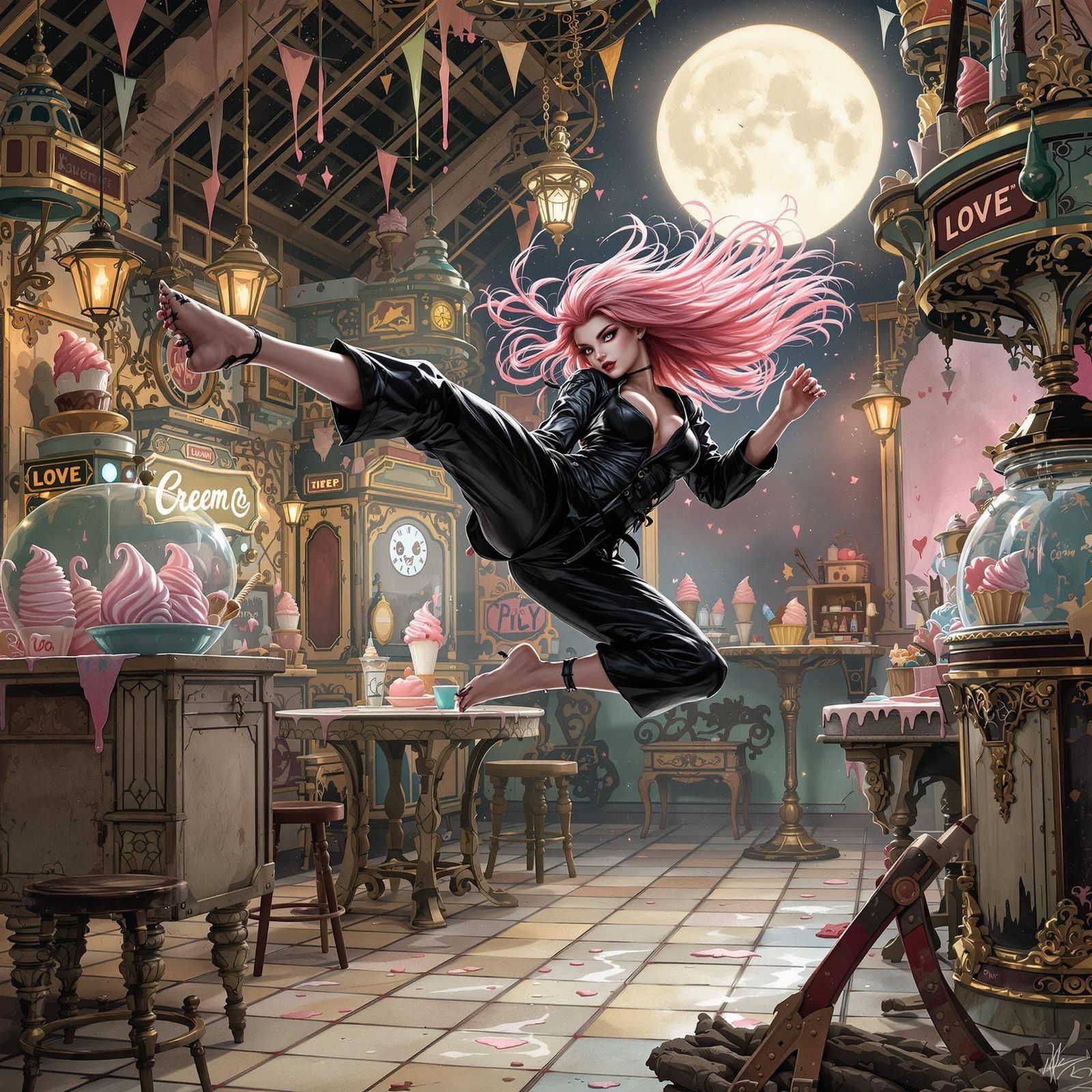Gothic Fairy Flying Kick in Moonlit Ice Cream Parlor