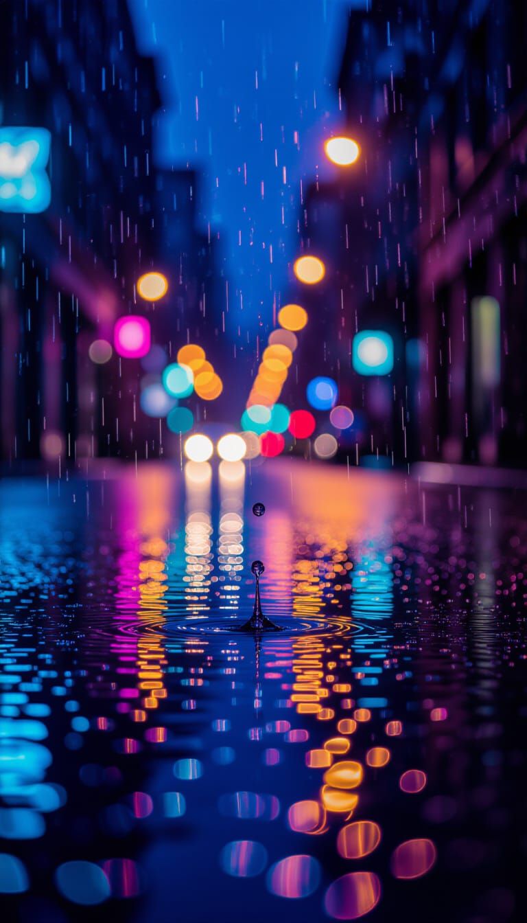 Raindrops Reflecting Neon Streetlights on Wet City Street
