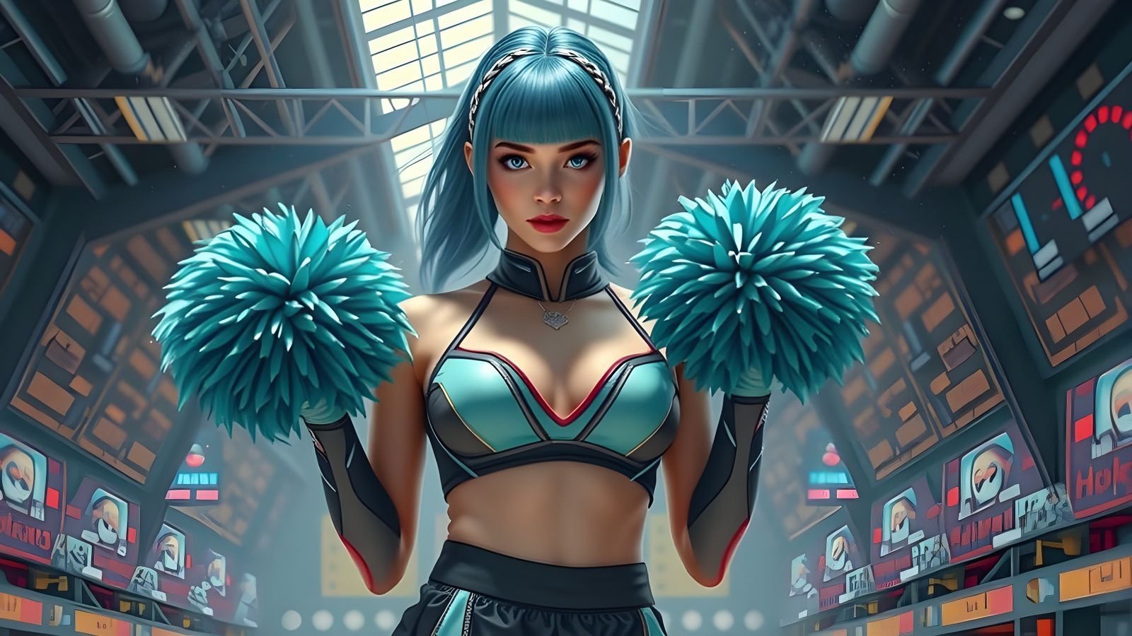 Modern Cheerleader with Blue Hair in Digital Art Style