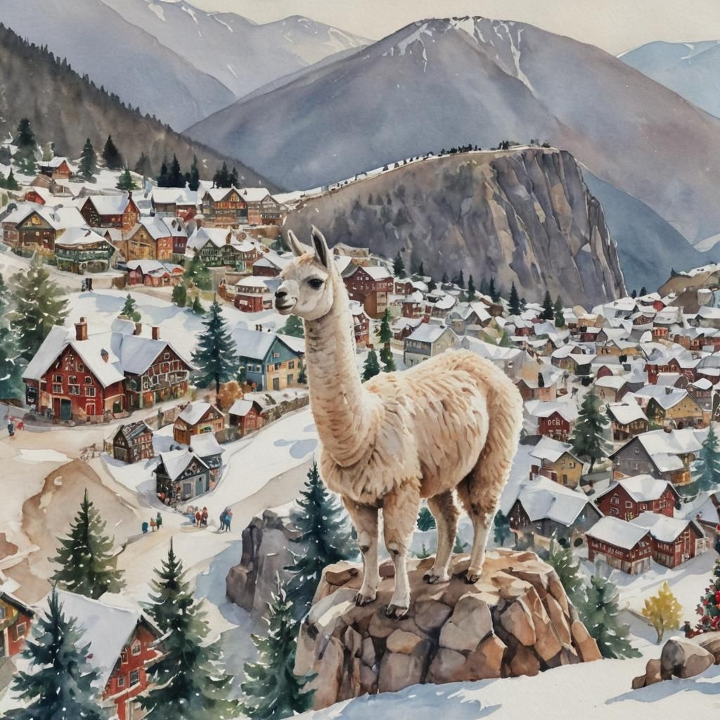 Whimsical Watercolor Christmas Landscape with a Llama