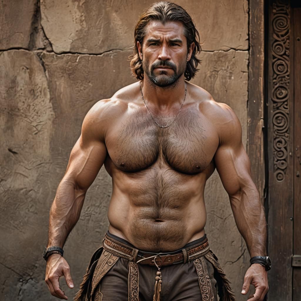 Hyperrealistic Man with Tribal Pants, No Shirt