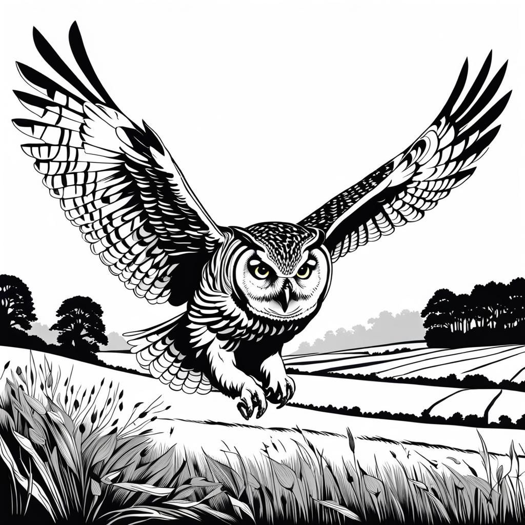 Owl in Flight Line Art Illustration