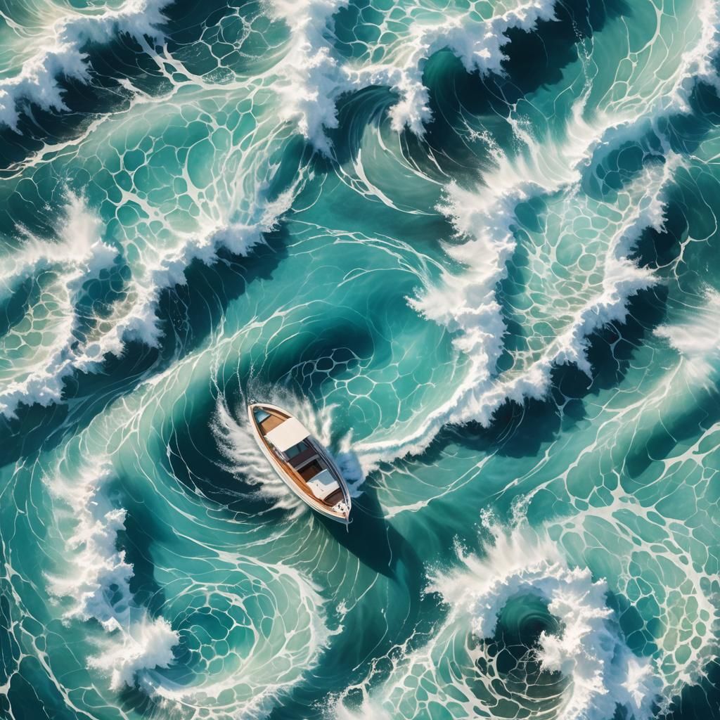 Boat Anchored in Azure Ocean Whirlpool: Digital Art
