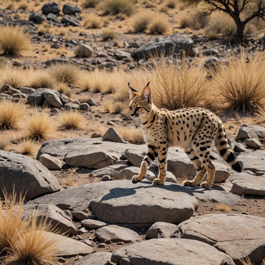Serval Cat in Rocky Savannah Landscape