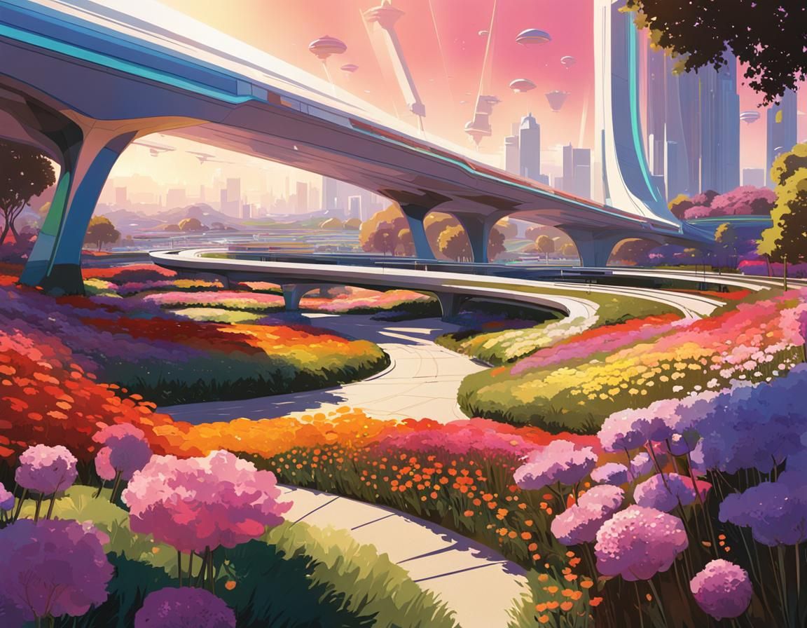 Futuristic Park with Colorful Flowers in Concept Art Style