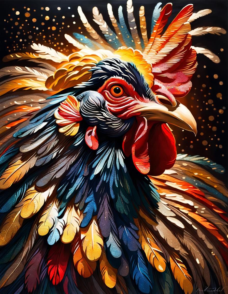 Impasto Chicken with Long Feathers: Breathtaking Artwork