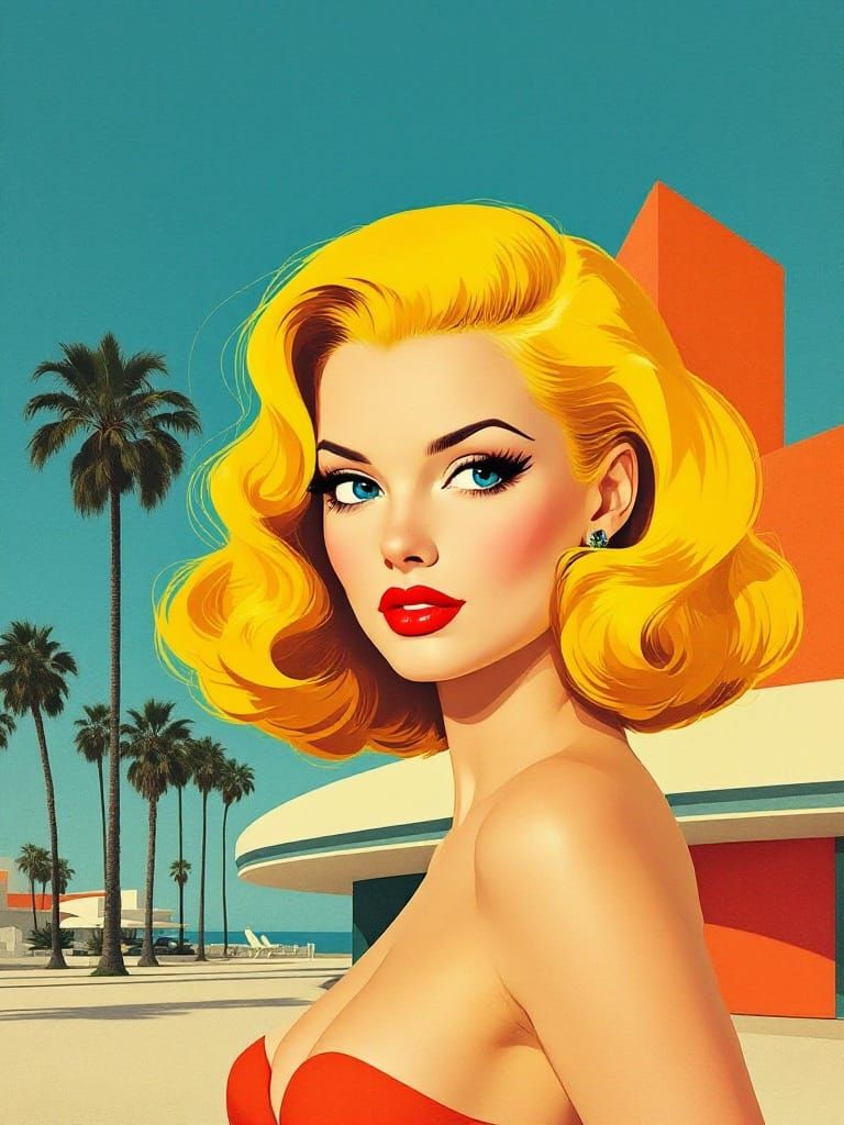 Pin-Up Woman in Googie Architecture Style
