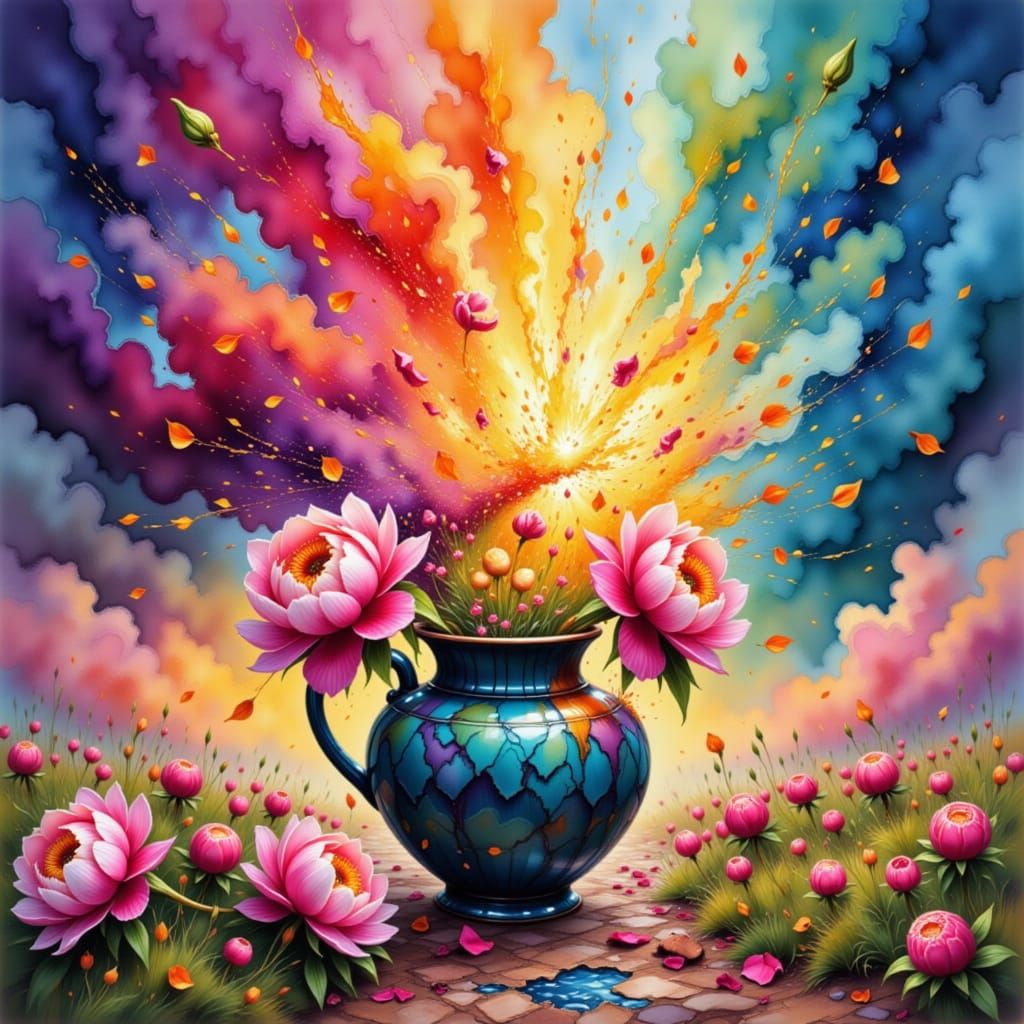 Exploding Pottery Vase with Peonies in Mixed Media
