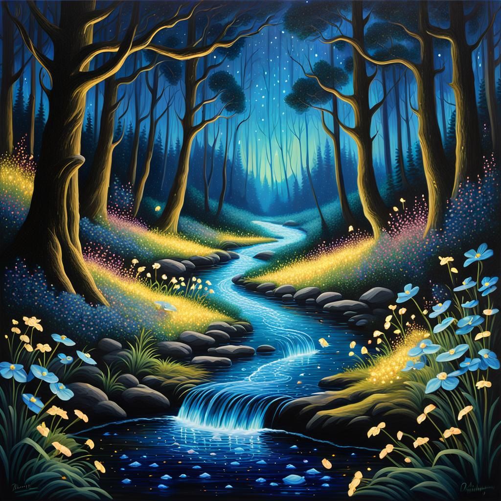 Bioluminescent Forest Stream Fantasy Acrylic Painting