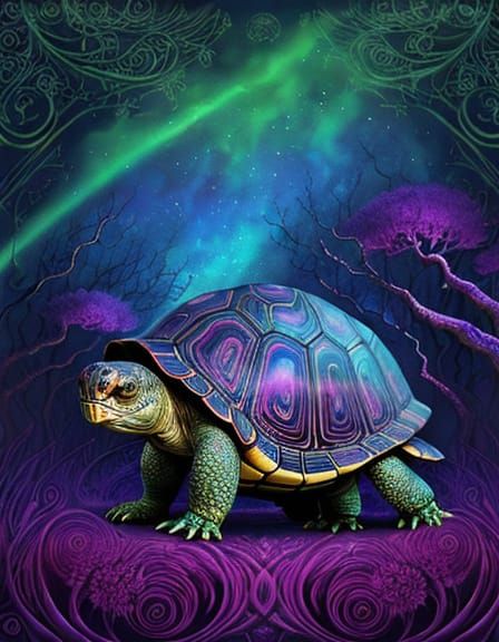 Majestic Tortoise in Mystical Forest, Psychedelic Art Style