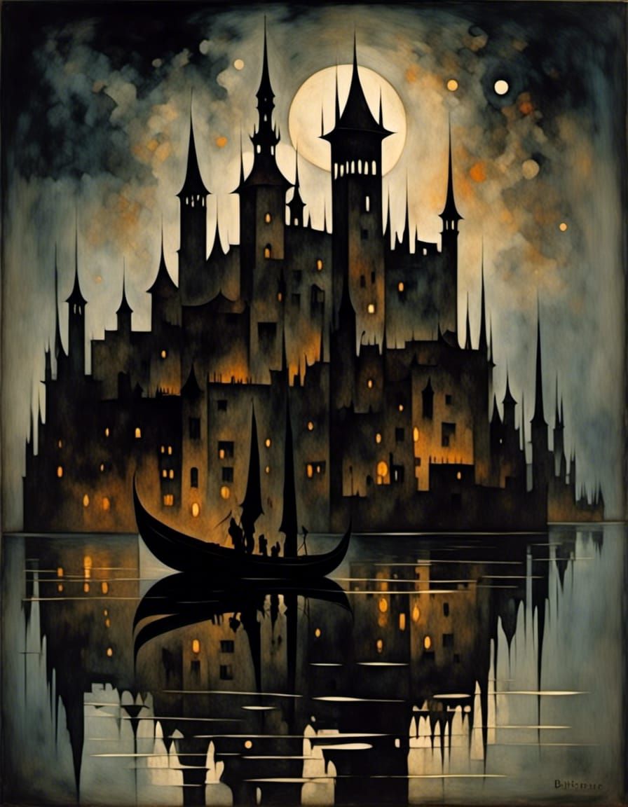 Venice Castle at Night with Silhouetted Boat