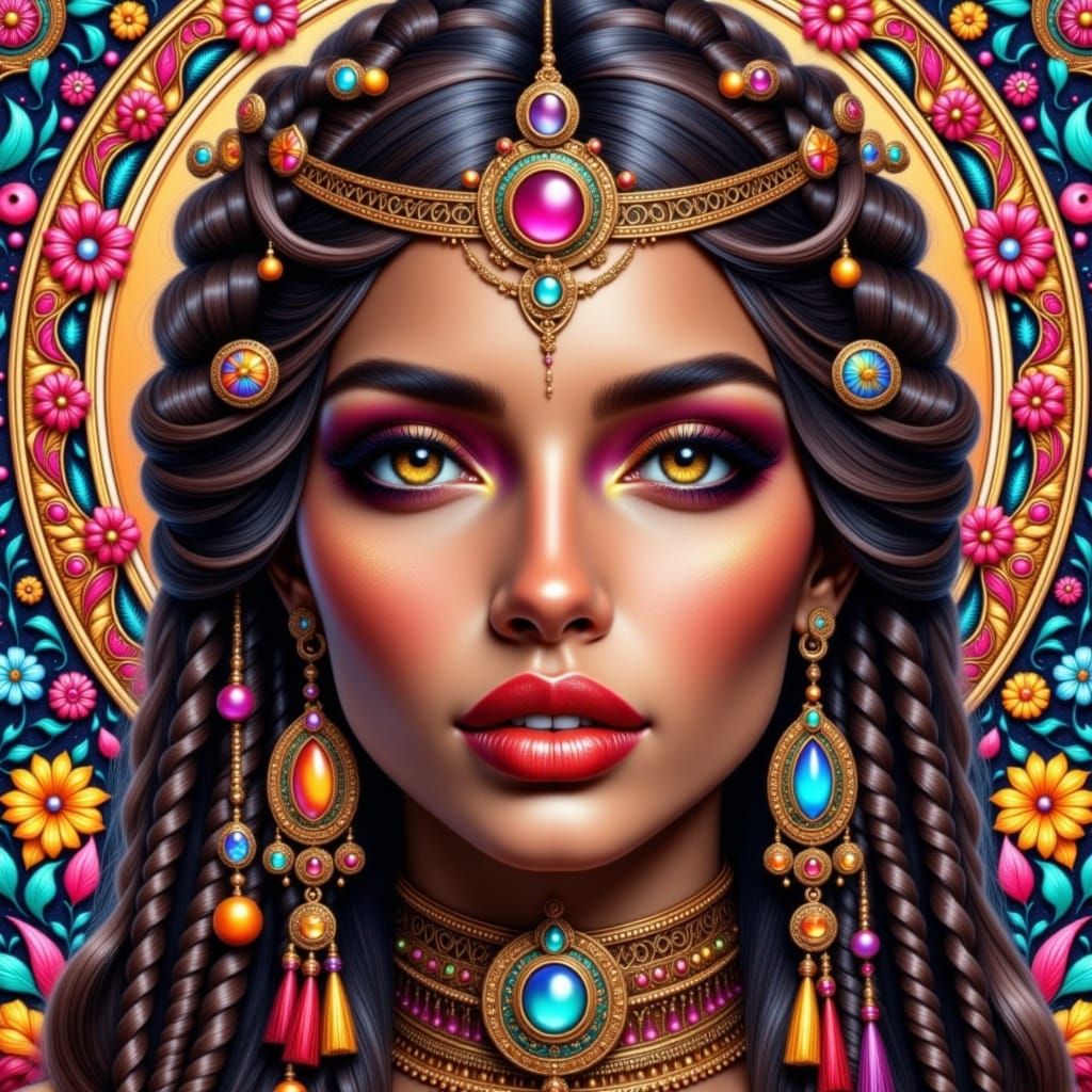 Exotic Bohemian Goddess with Vibrant Eyes and Braids