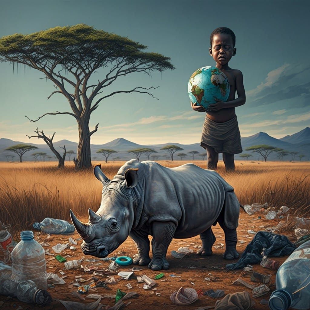 Polluted Savannah: A Surreal Mixed Media Artwork