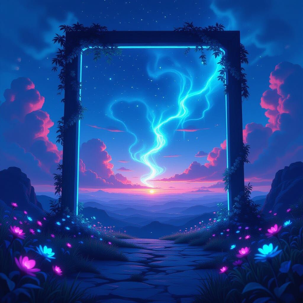 Bioluminescent Sky Portal with Glowing Flora
