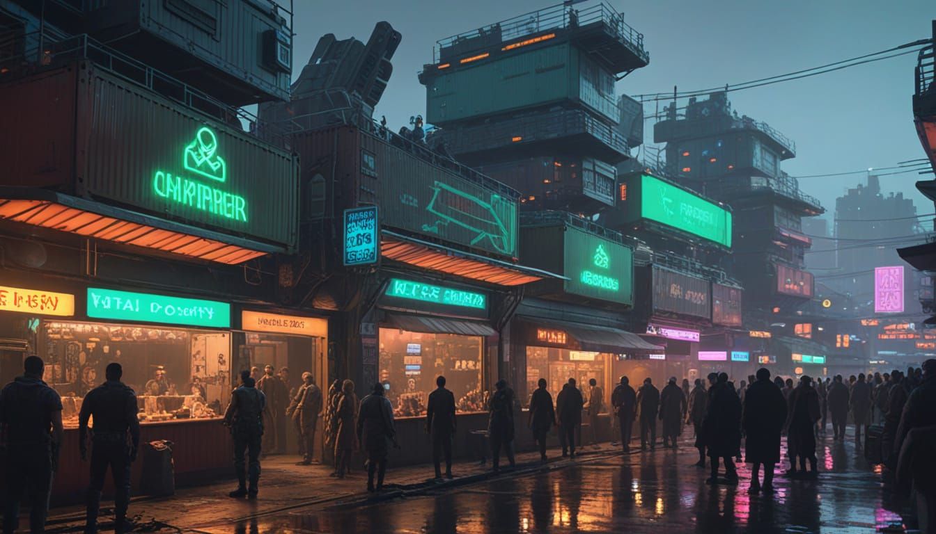 Cyberpunk Dockside Marketplace Under Neon Lights