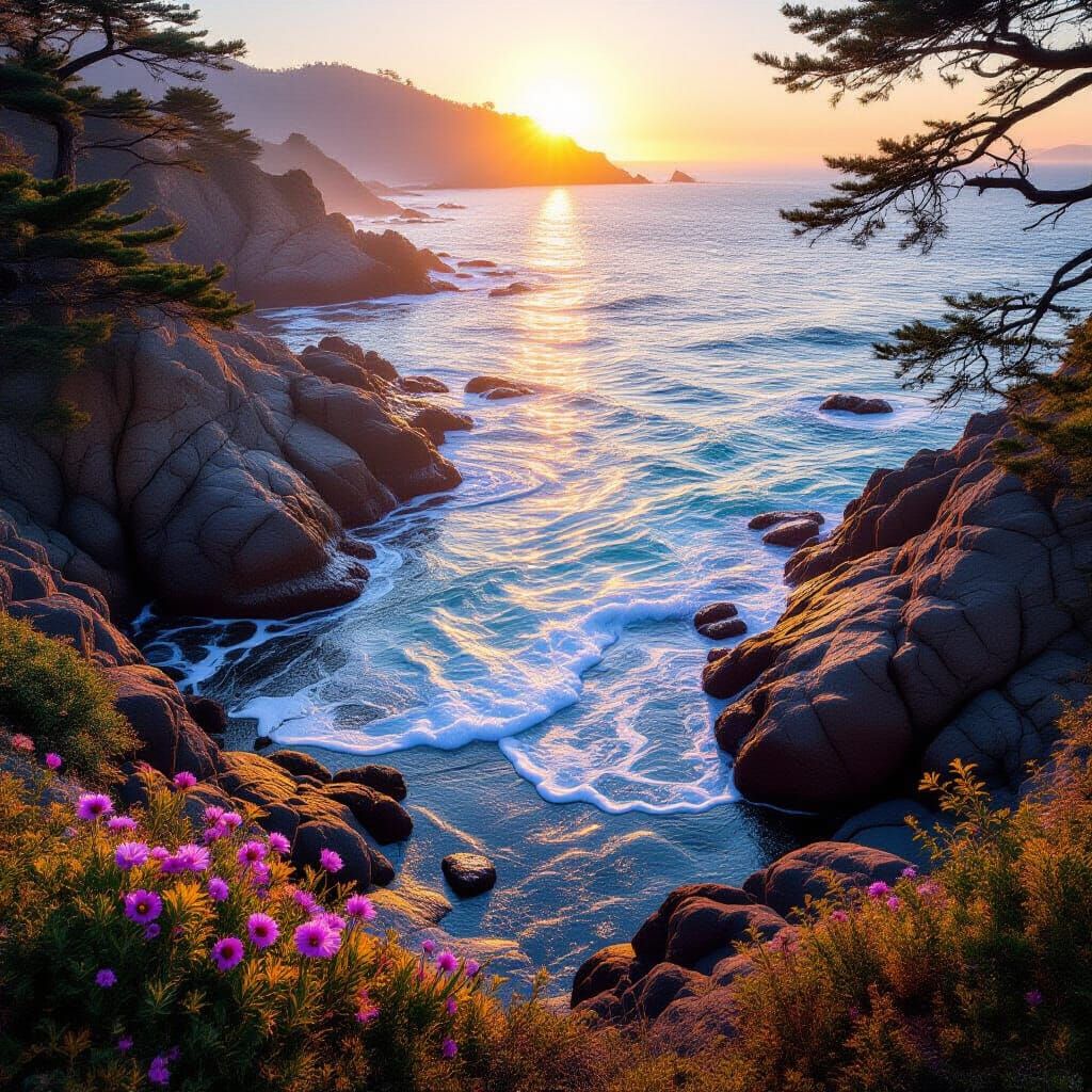 California Coast Golden Hour Mist and Waves