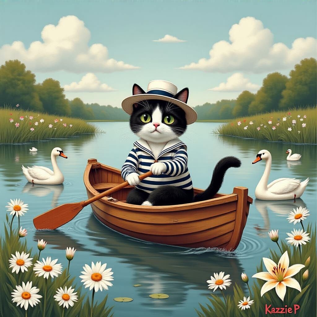 Cat Sailor Rowing Boat on Lake, Acrylic Painting