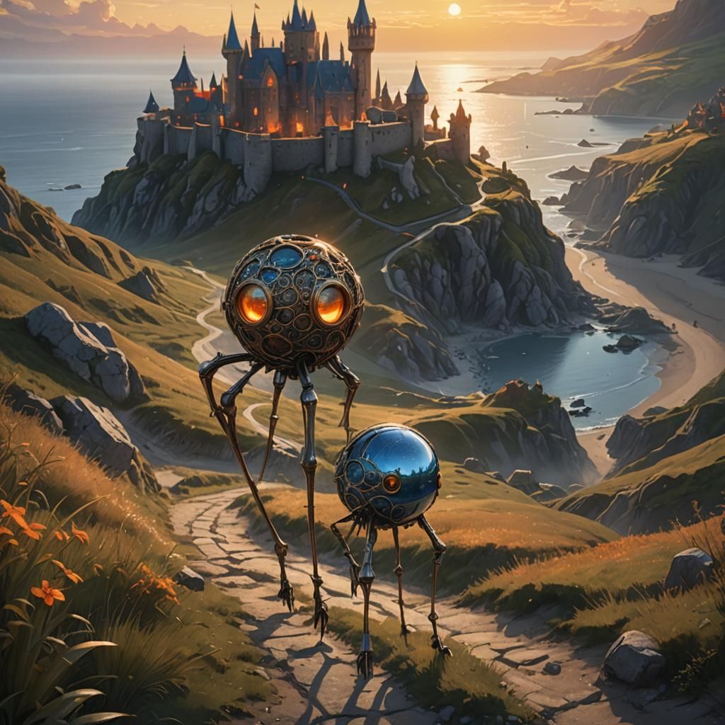 Mystical Metal Creature Walks Toward Seaside Castle