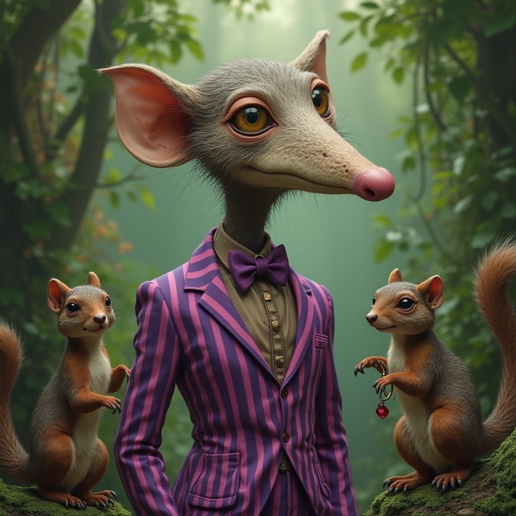 Whimsical Long-Necked Man in Jungle, Surreal Style