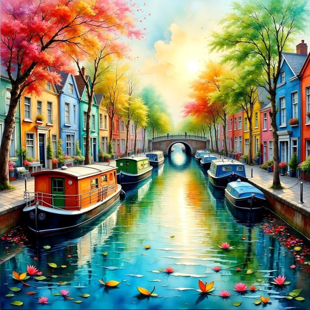 Colorful Houseboats on Regent's Canal, Impasto Style