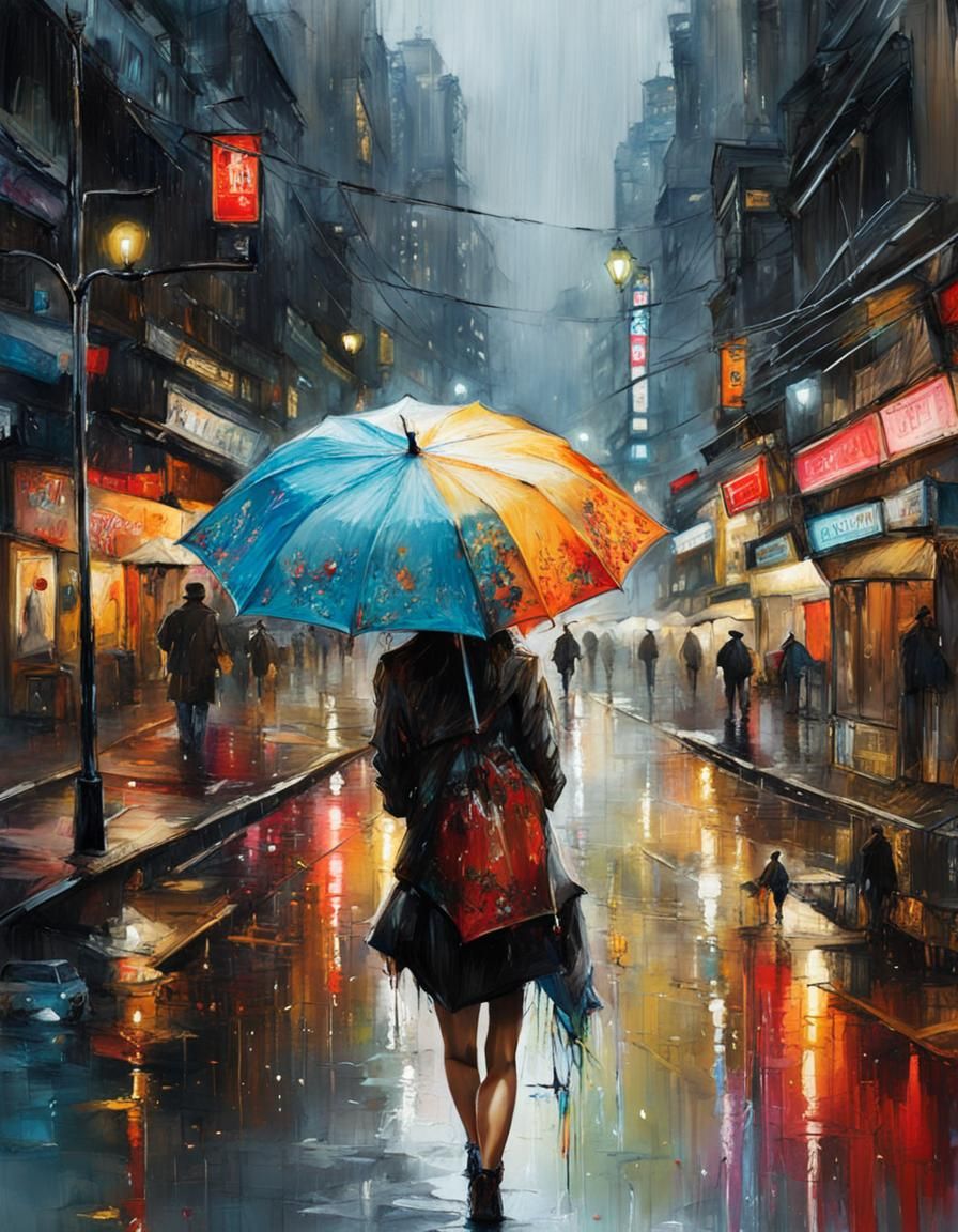 Innocent Beauty in Rainy City Streets
