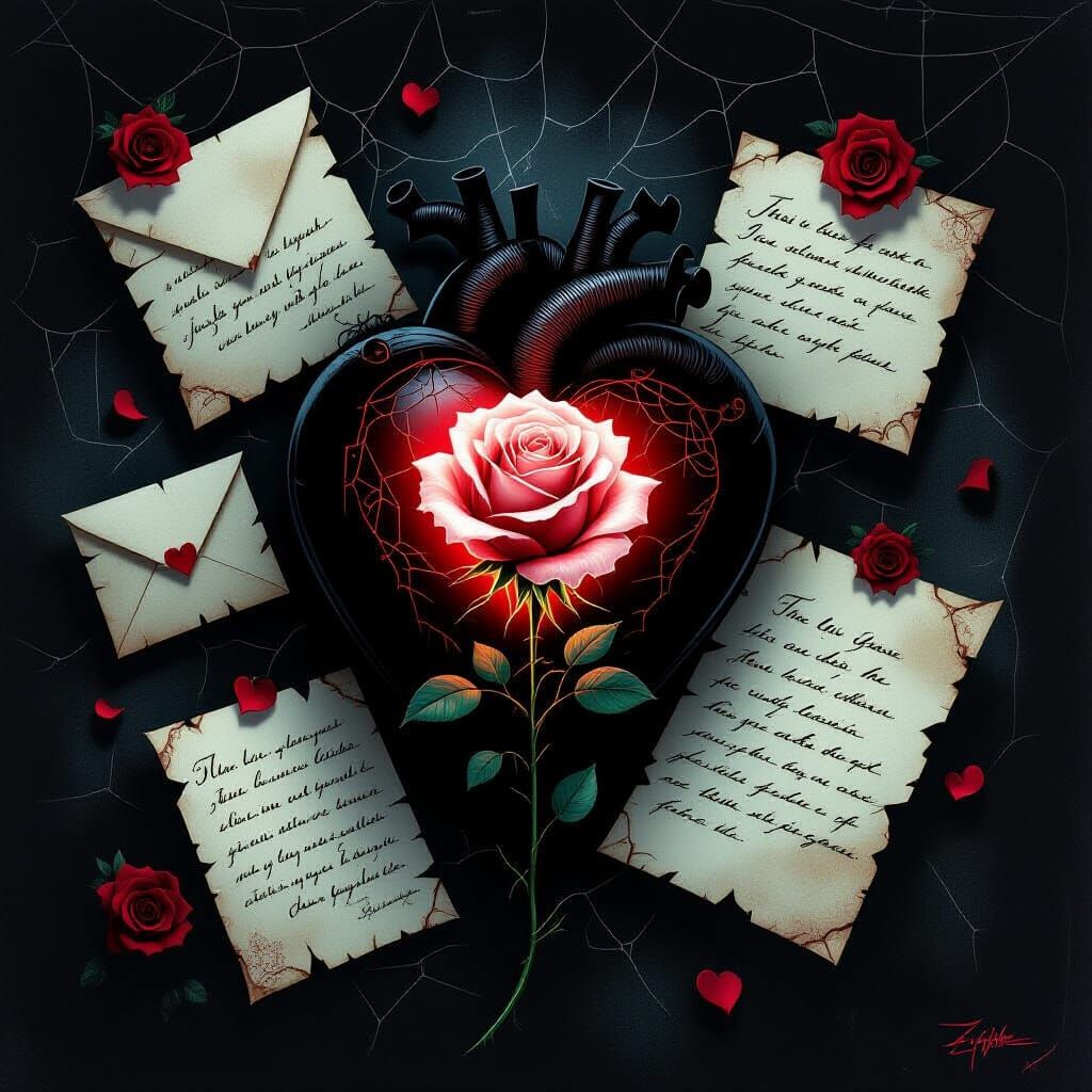 Haunted Heart with Ghostly Rose in Dark Romantic Surrealism