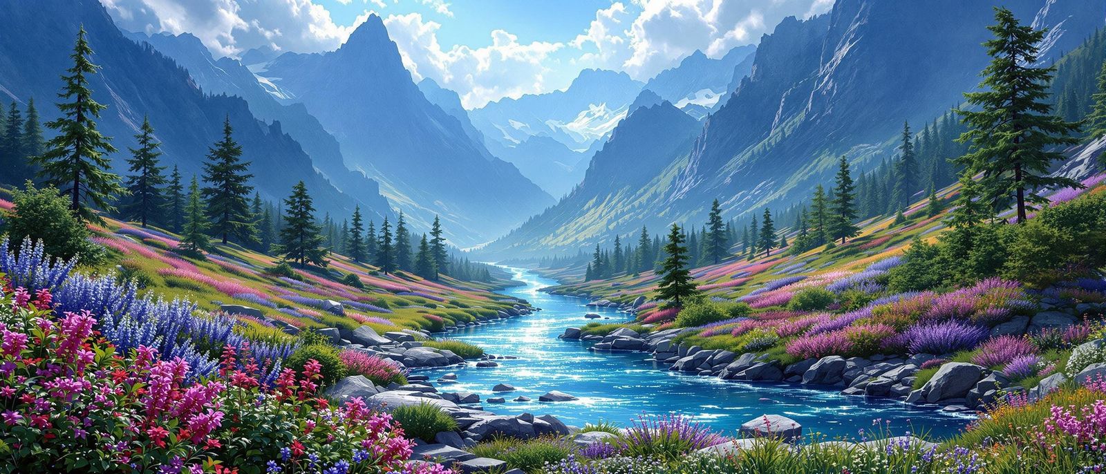 Epic Mountain Valley in Vibrant Digital Art
