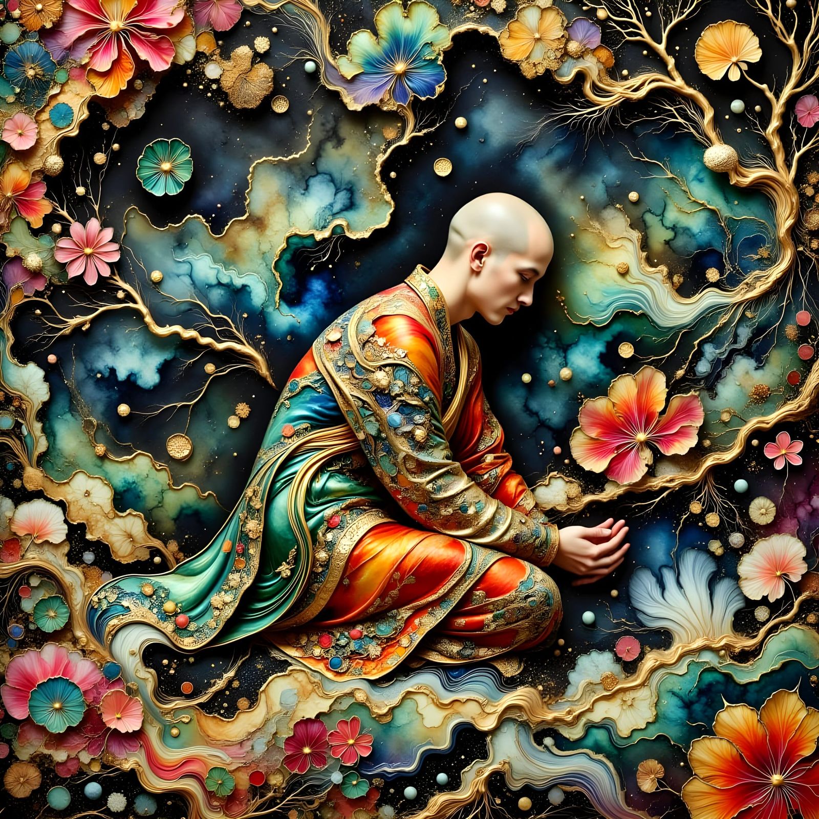 Surreal, Vibrant Masterpiece of a Bowing Bald Monk in a Temp...