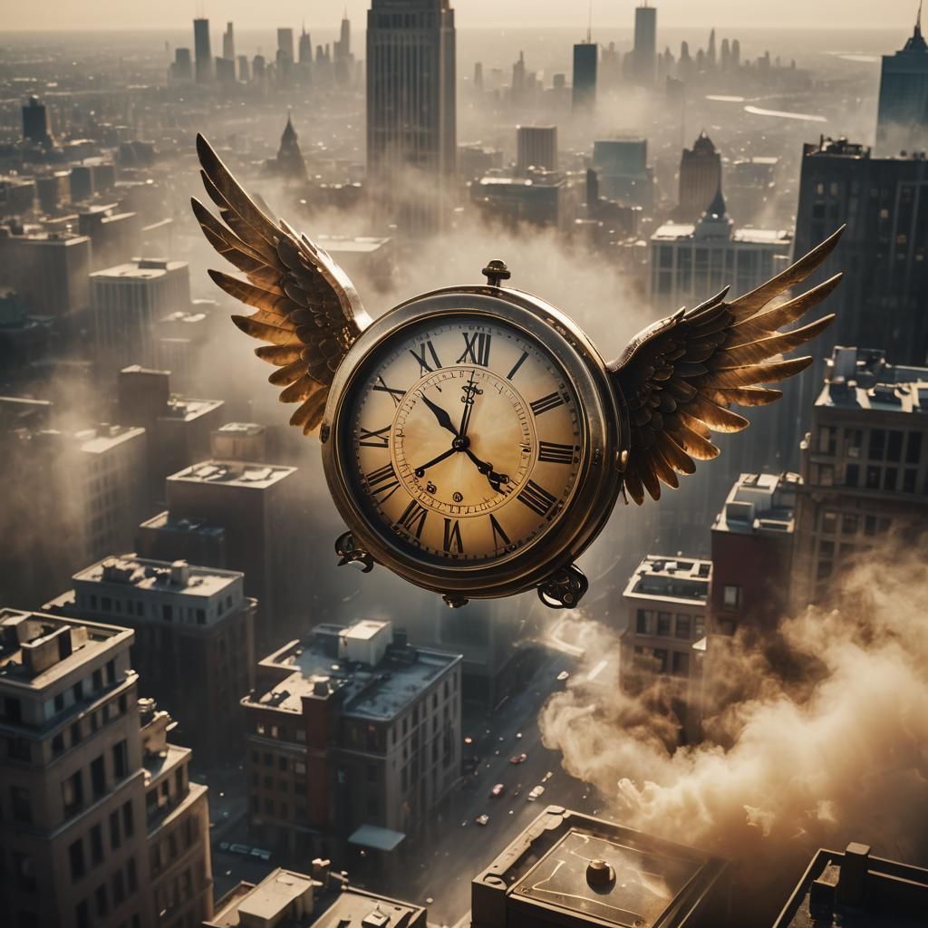 Clock with Wings Soaring Over Cityscape